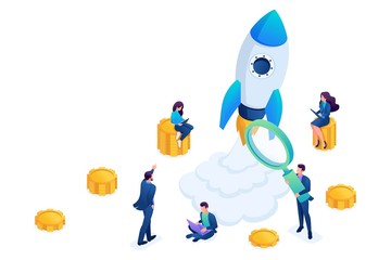 Isometric concept of investing in startups, rocket launch, young entrepreneurs. Concept for web design