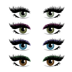 Four pairs of womans eyes, eyelashes and eyebrows.