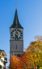 Fototapeta na wymiar Old town of Zurich with St. Peter church, Switzerland