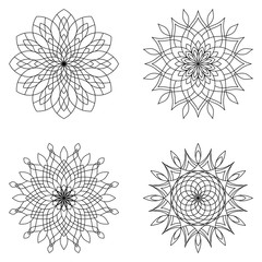 Set of four ethnic round Mandala ornament isolated on white background. Henna tattoo design. Vector illustration