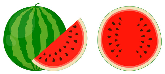 Fresh watermelon. Isolated icons. Half and whole watermelon berry on white background. Flat vector illustration.