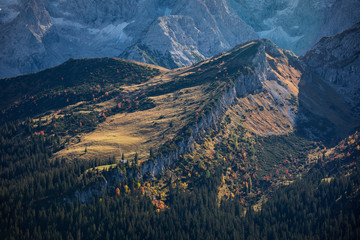 View from Kreuzeck into the valley Reintal and Wetterstein mountain chain during autumn, Garmisch-Partenkirchen Bavaria.
