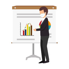 stock market variation by covid 19 with businessman and infographic vector illustration design