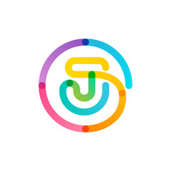 J letter logo in a rainbow gradient circle. Impossible one line style.