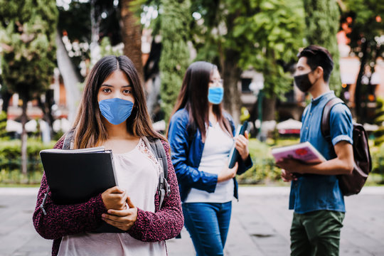 mexican girl student wearing mask face to prevent infection or respiratory illness, Latin People with Protection against contagious coronavirus in Mexico or Latin America