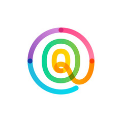 Q letter logo in a rainbow gradient circle. Impossible one line style.