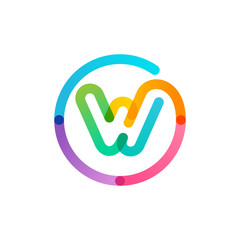 W letter logo in a rainbow gradient circle. Impossible one line style.