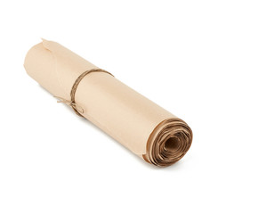 twisted roll of brown paper isolated on a white background