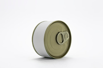 White blank tin can gold metal Tin Can with key, canned Food. Isolated with clipping path. Ready for your design. Real product packing. Mockup.