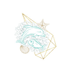 Marine art wreath, vector sketch line art ocean dolphin and sea corals in gold glitter frame. Marine design for wedding card, travel and vacations, underwater tropical sea fish decoration background