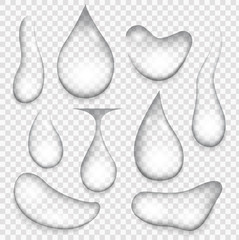 Water drops. Aqua fresh liquid transparent splashes clean realistic drops. Current drops from rain or spray.