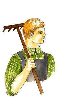 Watercolor illustration of a farmer with a rake. Vacation of people. Hand painted illustration isolated on white background.