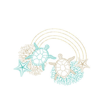 Turtle sketch in gold geometric crystal line frame, vector arrangement design. Ocean seashell and coral engraving in golden border with foil texture, marine underwater design in hand drawn hatching