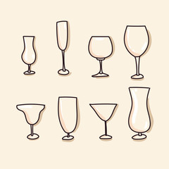 Set of cocktail glasses on an isolated background. All types of glasses. You can use it for menus, wine lists, in the bar, logos. Vector. White background.