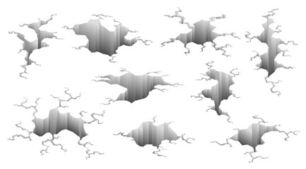 Collection of earthquake cracks. Hole effect and cracked surface. Holes in ground with cracking and earth destruction cracks isolated vector cartoon. Vector illustration