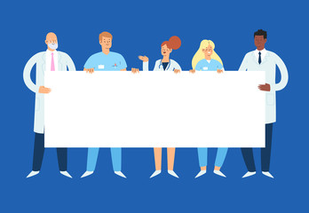Set of various male and female medicine workers holding an empty blank banner with copy space for text. Group of hospital medical specialists standing together: doctors, medics, nurses and other staff