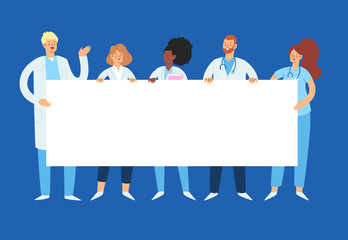 Set of various male and female medicine workers holding an empty blank banner with copy space for text. Group of hospital medical specialists standing together: doctors, medics, nurses and other staff