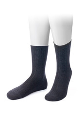 Blue color socks isolated on white background. One pair of socks. Set of dark blue or navy blue socks for sports on invisible foot as mock up for advertising, branding, design.