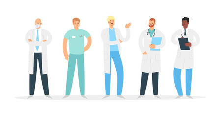 Set of various male medicine workers. Group of hospital medical specialists standing together: doctor, surgeon, physician, paramedic, nurse and other staff. Cartoon vector characters