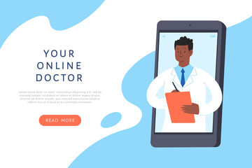 Online vector illustration concept, dialog with a doctor, patient consultation via smartphone, medical support application. Can use for landing page, template, ui, web, mobile app, poster, banner
