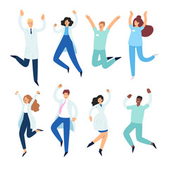 Set of happy male and female medicine workers jumping with raised hands in various poses. Joyful positive hospital medical specialists rejoicing together:  doctor, surgeon, physician, paramedic, nurse