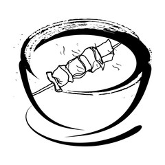 bowl and meat and vegan barbeque in japan style ink art illustration