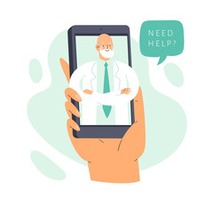 Online illustration concept - hand holding phone with doctor, patient consultation via smartphone, medical support application. Can use for landing page, template, ui, web, mobile app, poster, banner