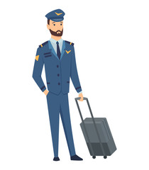 Smiling civilian aircraft pilot, aircrew captain, aviator or airman dressed in uniform with suitcase. Cheerful male cartoon character isolated on white background. Colorful vector illustration