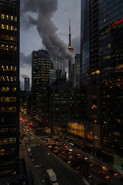CN Tower And Tall Buildings In Downtown Toronto, Canada At Night.