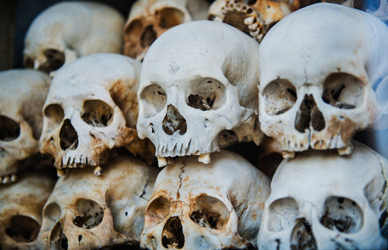 Skulls inside the Choeung Ek memorial, Phnom Penh, Cambodia, Southeast Asia