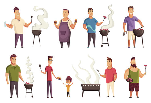 Set of character on BBQ party. Mans with a barbecue grill. Picnic with fresh food steak and sausages. Happy smiling mans character cooking a barbecue grill. Vector flat cartoon illustration
