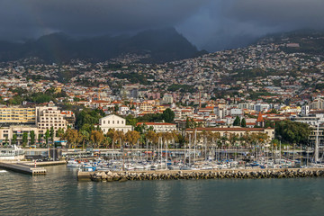 Funchal bay and Avenida do Mar with the buildings of the Baltazar Dias Theatre and the fortress...