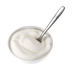 Ceramic bowl with sugar and teaspoon isolated on white background