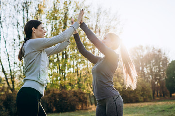 Young girls raising their hands up, jointly perform gymnastic exercises, the conception of a healthy lifestyle.