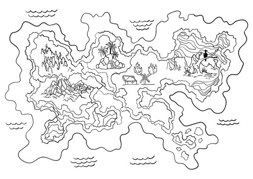 Retro coloring treasure map. Vector design for app game user interface. Vintage adventure and discovery travel routes