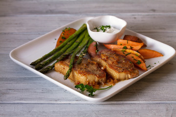 Honey garlic pork chops with asparagus and sweet potatoes