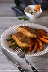 Honey garlic pork chops with asparagus and sweet potatoes