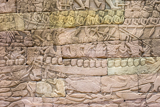 Stone carvings depicting a sea battle, Banteay Chhmar, Cambodia