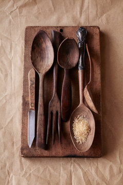 Wood Utensils for Cooking on Cutting Board