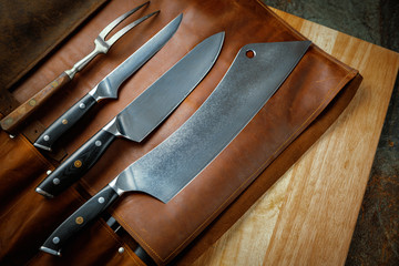 Excellent set of Japanese chef's knives from Damascus steel