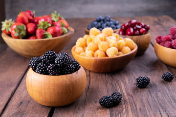 Blackberry and other berries in bowls on a dark wooden background.