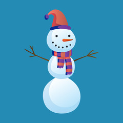 Snowman raising hands with top hat and scarf isolated on white background. Winter theme. Vector character illustration