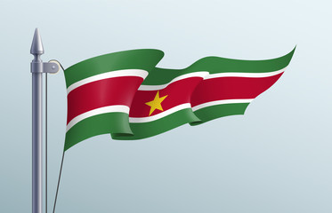 Suriname flag state symbol isolated on background national banner. Greeting card National Independence Day of the Republic of Suriname. Illustration banner with realistic state flag.