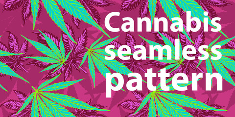 Marijuana leaf seamless pattern. Psychedelic colors. Cannabis leaf styled vector seamless image