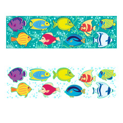 Set of two horizontal banners with colored exotic tropical fish vector illustration