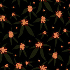 Floral blossom seamless pattern. Trendy colorful vector texture. Blooming botanical elements scattered random. Good for fashion. Ditsy print. Hand drawn small flowers on black background. Retro style