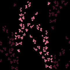 Floral seamless pattern with cherry blossom. Abstract branches scattered random. Trendy vector texture. Good for fashion prints, design. Hand drawn small pink sakura flowers on black background 
