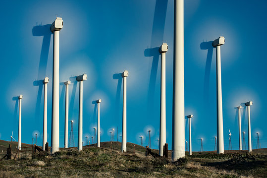 Windmills Dot the California Mountainside near Mojave Desert