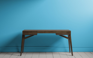 Empty wooden table and blue wall background. For product display
