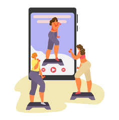 Online sport tutorial vector illustrations. Cartoon woman man characters in healthy sport activity using video lessons app on smartphone or computer, active people sporting set icons isolated on white